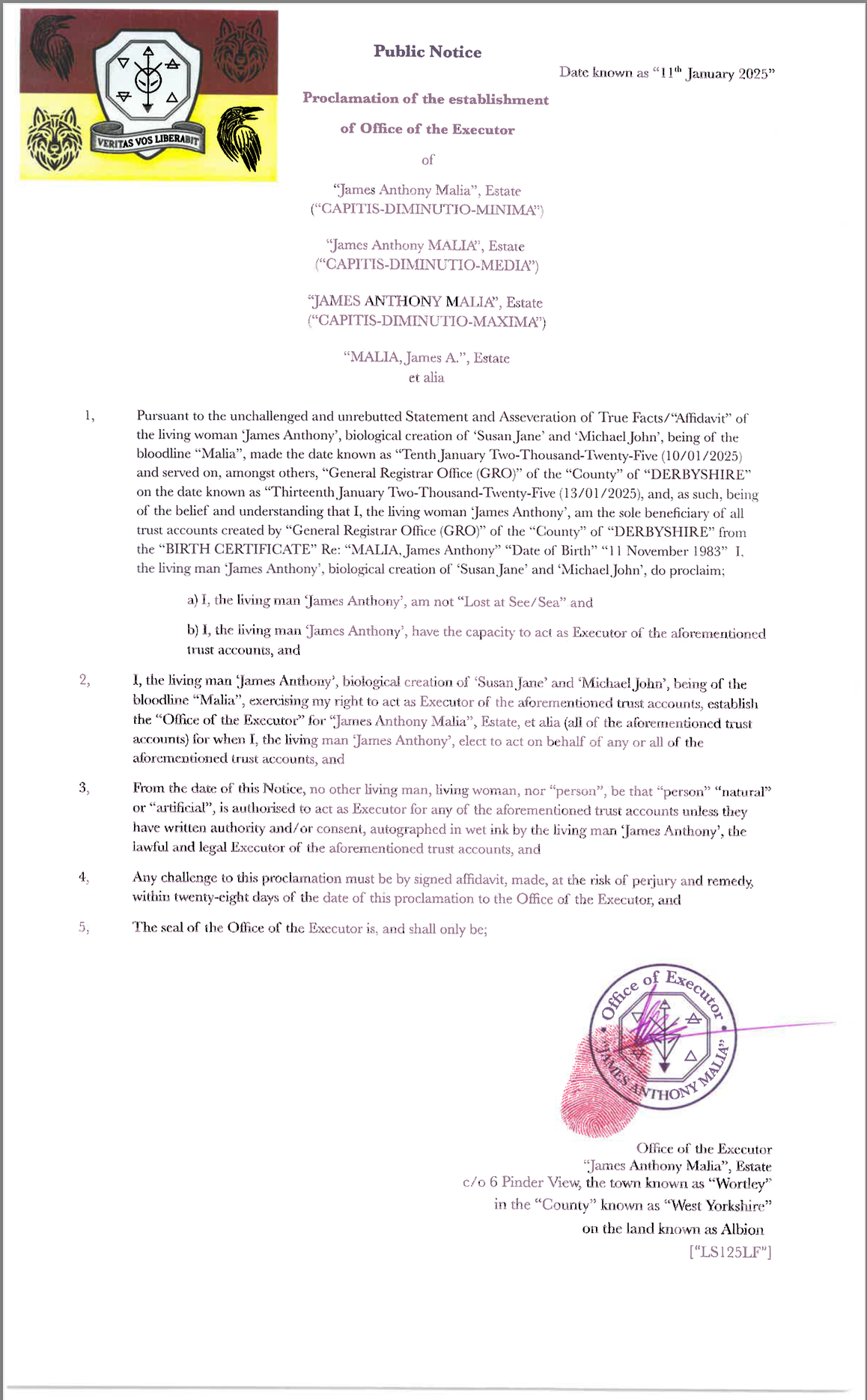 (PN14052025-73) Notice of Establishment of the Office of Executor – James Anthony [Malia]