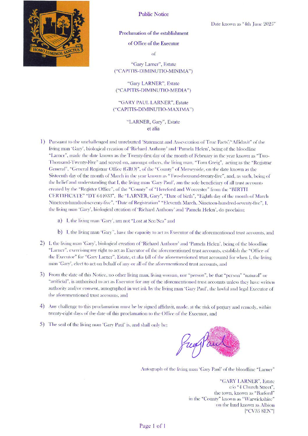 (PN25062025-84) Notice of Establishment of the Office of Executor – Gary Paul [Larner]