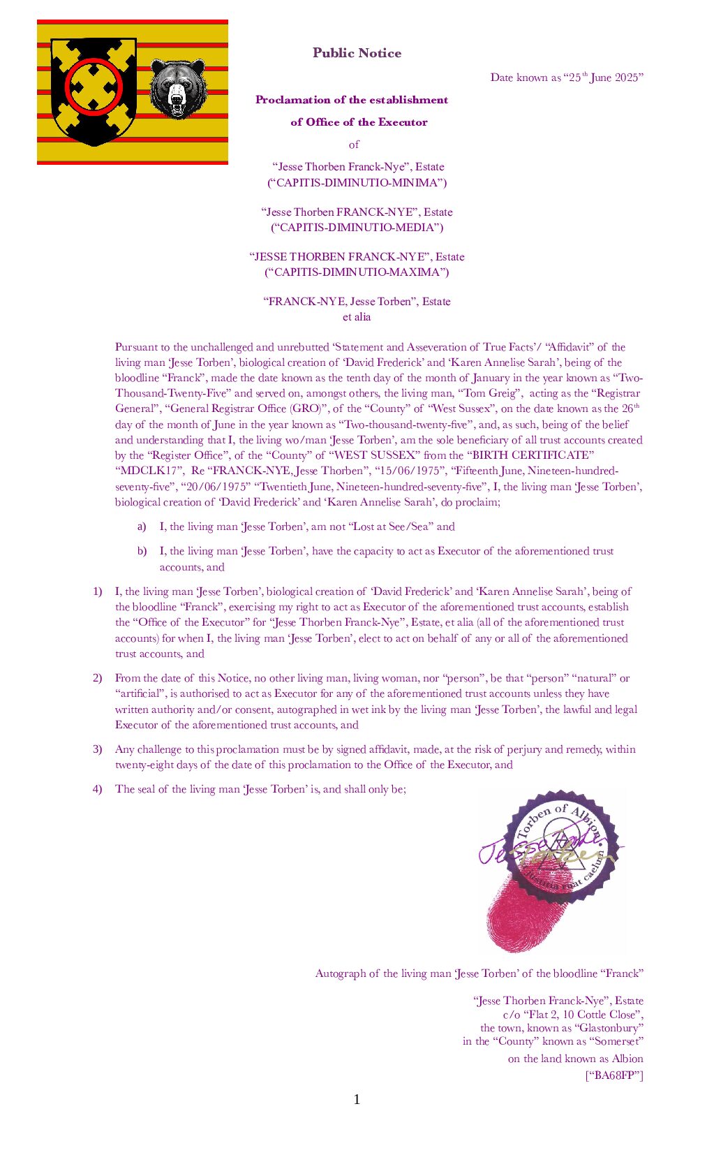 (PN25062025-88) Notice of Establishment of the Office of Executor – Jesse Thorben [Franck-Nye]