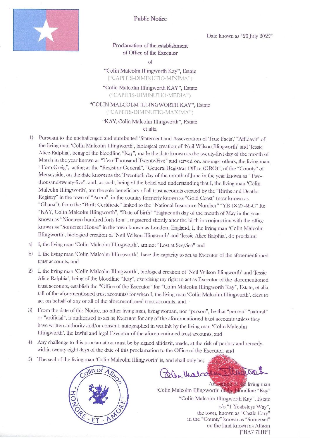 (PN20072025-105) Proclamation of the Establishment of the Office of the Executor – Colin Malcolm Illingworth [Kay]