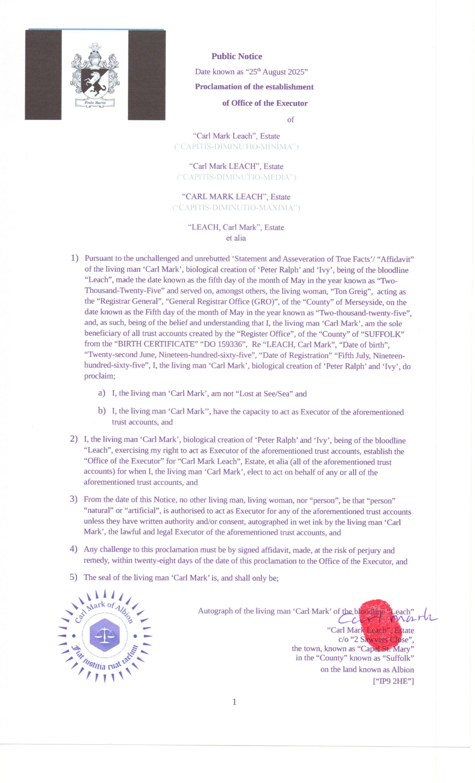 (PN29082025-135) Notice of Establishment of the Office of Excutor – Carl Mark [Leach]